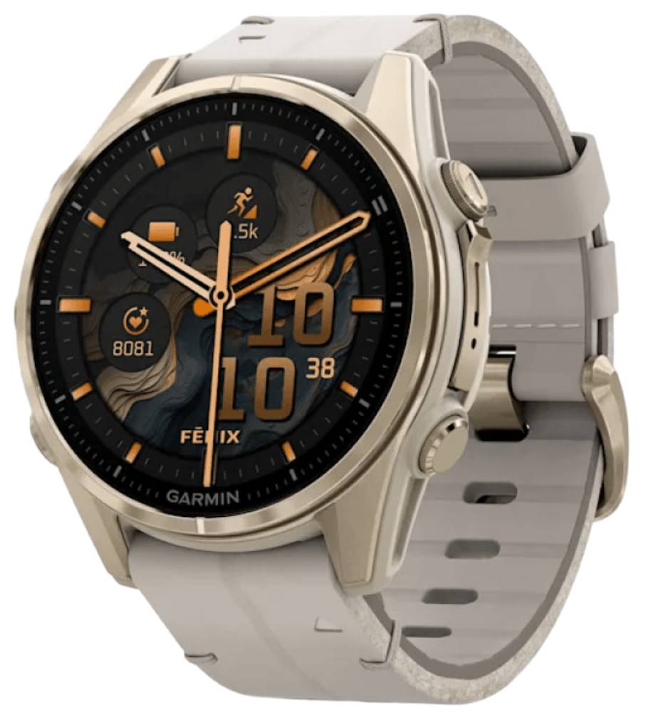 Garmin Fenix 8 Amoled Sapphire 43мм Золотые с серым кожаным ремешком